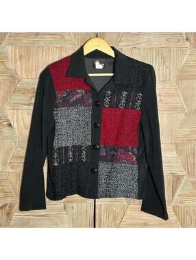 Vintage First Option Retro Black Red Patchwork Button Up Jacket Size PS Boho